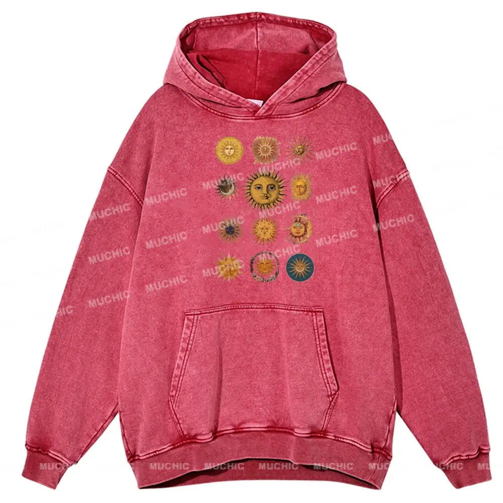 Sun Character Unisex Printed Casual Washed Hoodie Sweatshirt Hotpink / M