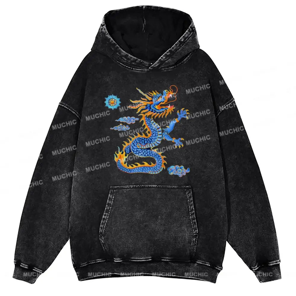 The Blue Dragon Unisex Printed Casual Washed Hoodie Sweatshirt Black / M