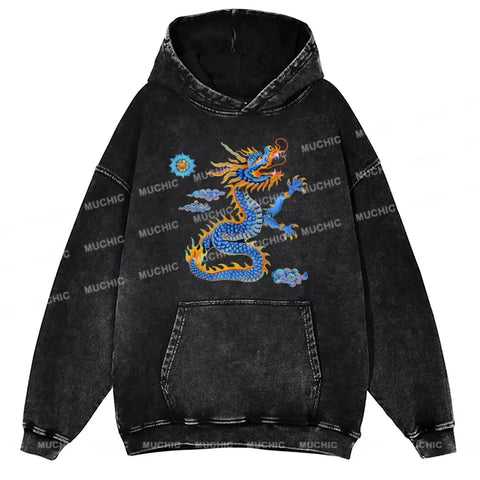 Muchic The Blue Dragon Unisex Printed Casual Washed  Plush Thickening Hoodie Sweatshirt