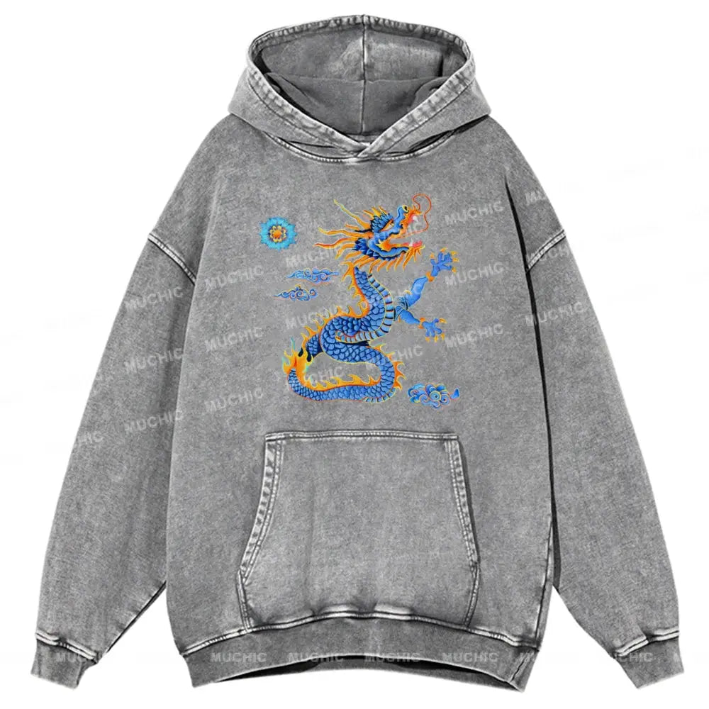 The Blue Dragon Unisex Printed Casual Washed Hoodie Sweatshirt Grey / M