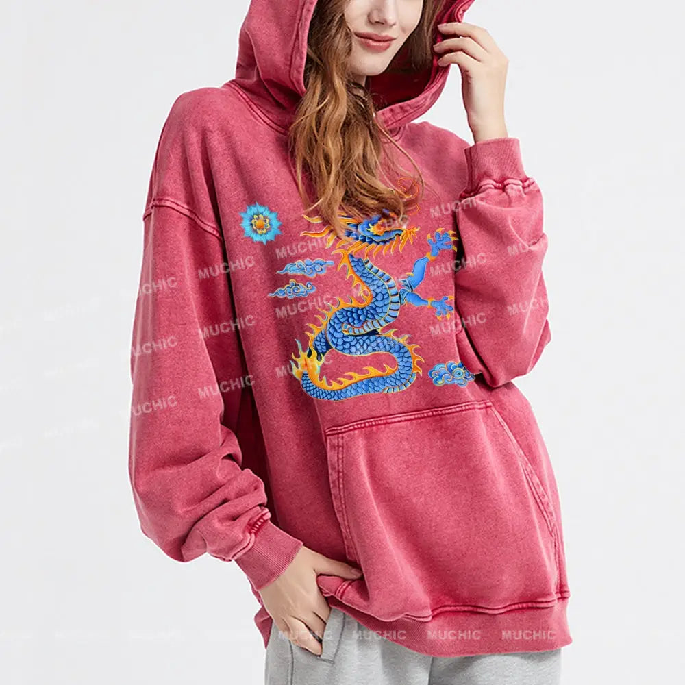 The Blue Dragon Unisex Printed Casual Washed Hoodie Sweatshirt