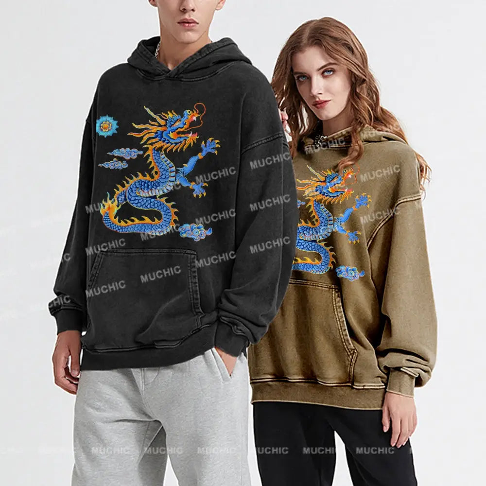 The Blue Dragon Unisex Printed Casual Washed Hoodie Sweatshirt