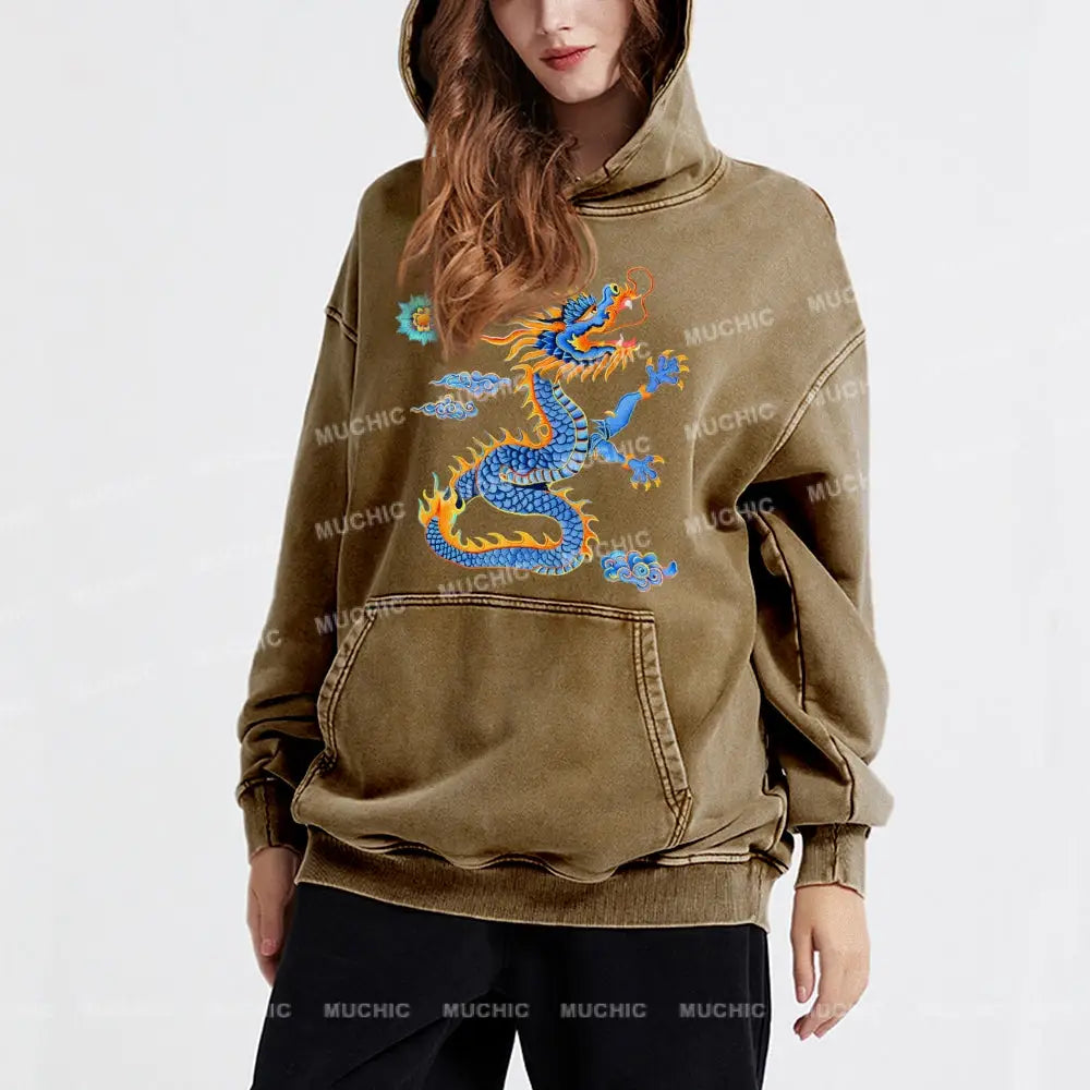 The Blue Dragon Unisex Printed Casual Washed Hoodie Sweatshirt