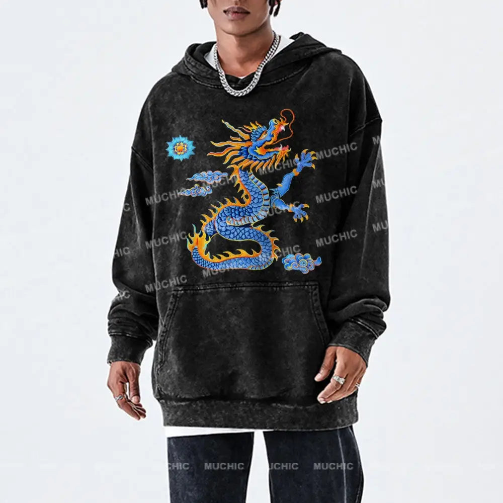 The Blue Dragon Unisex Printed Casual Washed Hoodie Sweatshirt