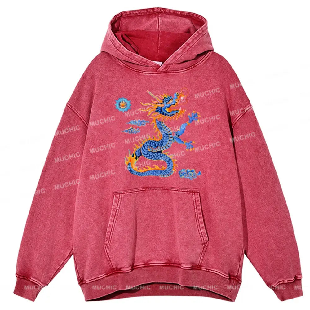 The Blue Dragon Unisex Printed Casual Washed Hoodie Sweatshirt Hotpink / M