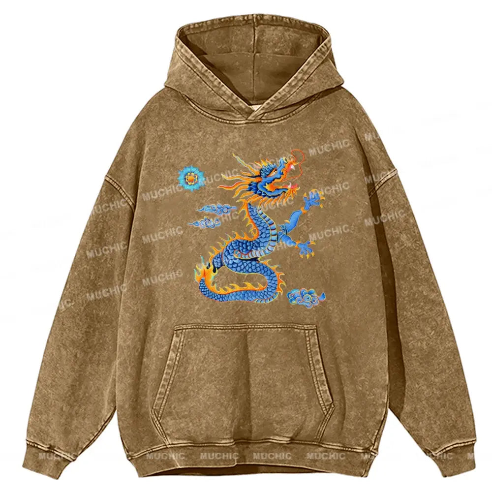 The Blue Dragon Unisex Printed Casual Washed Hoodie Sweatshirt Khaki / M