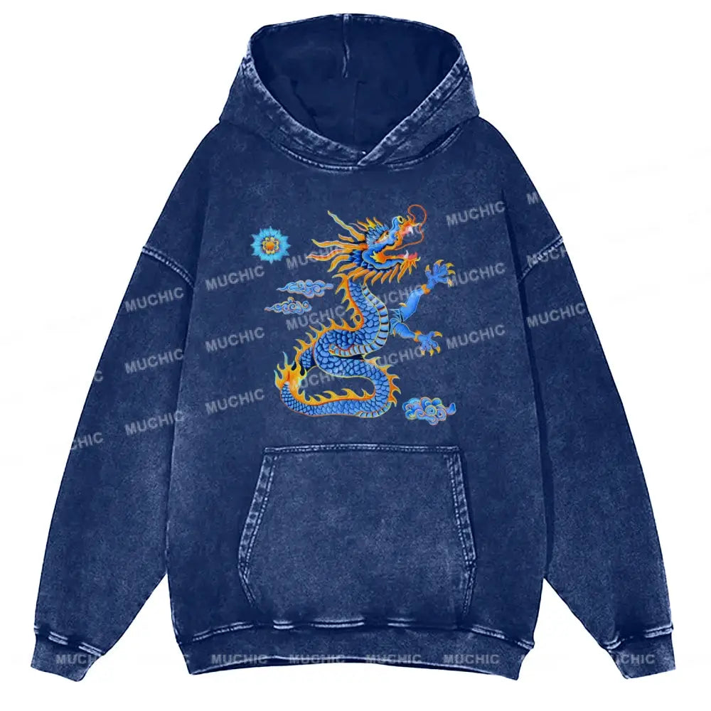 The Blue Dragon Unisex Printed Casual Washed Hoodie Sweatshirt Navy / M