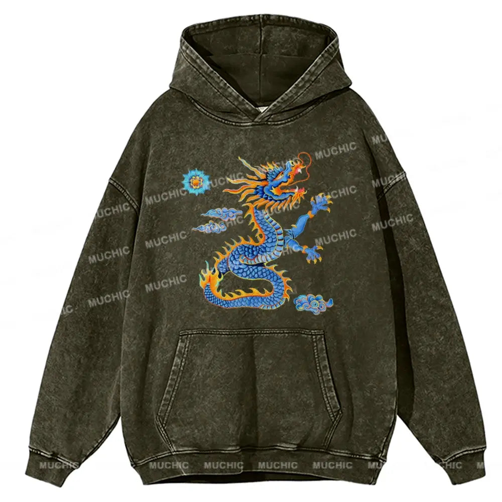 The Blue Dragon Unisex Printed Casual Washed Hoodie Sweatshirt Olive / M