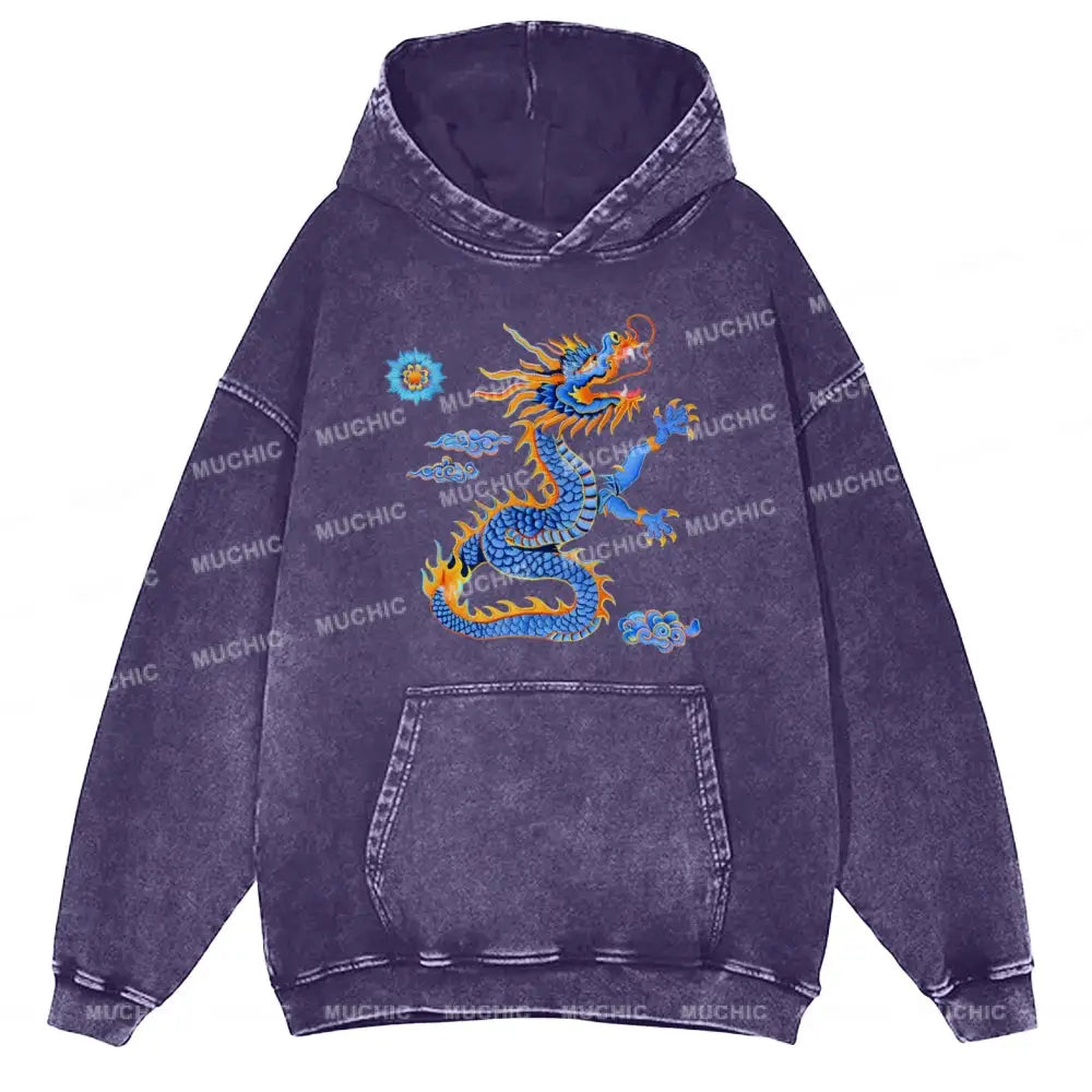 The Blue Dragon Unisex Printed Casual Washed Hoodie Sweatshirt Purple / M