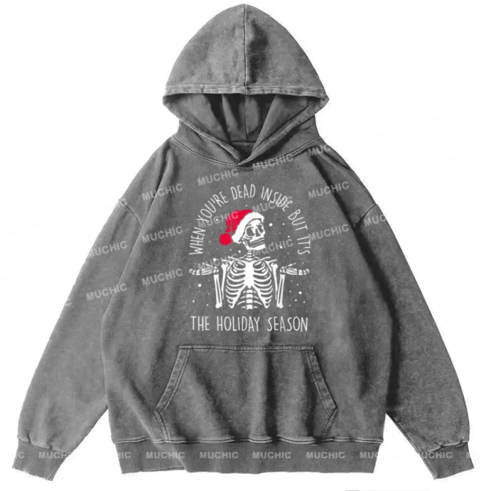 Muchic The Holiday Season Unisex Printed Casual Washed Plush Thickening Hoodie Sweatshirt Grey / M