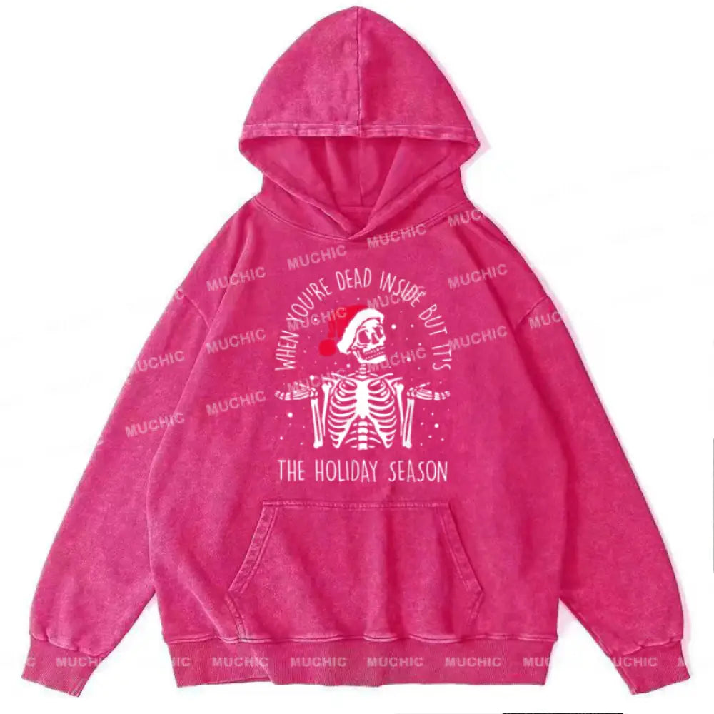 Muchic The Holiday Season Unisex Printed Casual Washed Plush Thickening Hoodie Sweatshirt Hotpink /