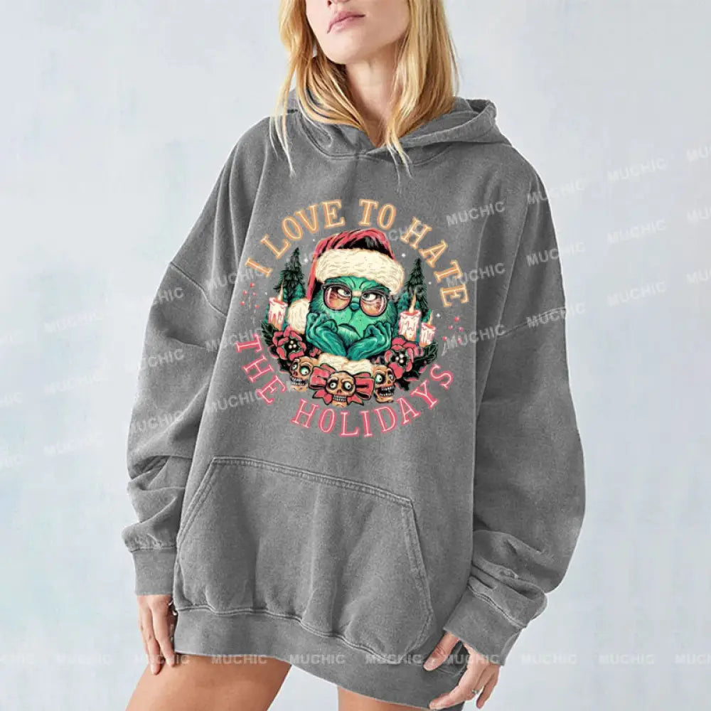 Muchic The Holidays Unisex Printed Casual Washed Plush Thickening Hoodie Sweatshirt