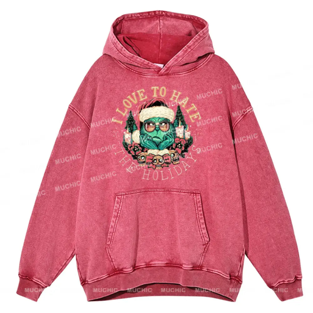 Muchic The Holidays Unisex Printed Casual Washed Plush Thickening Hoodie Sweatshirt Hotpink / M