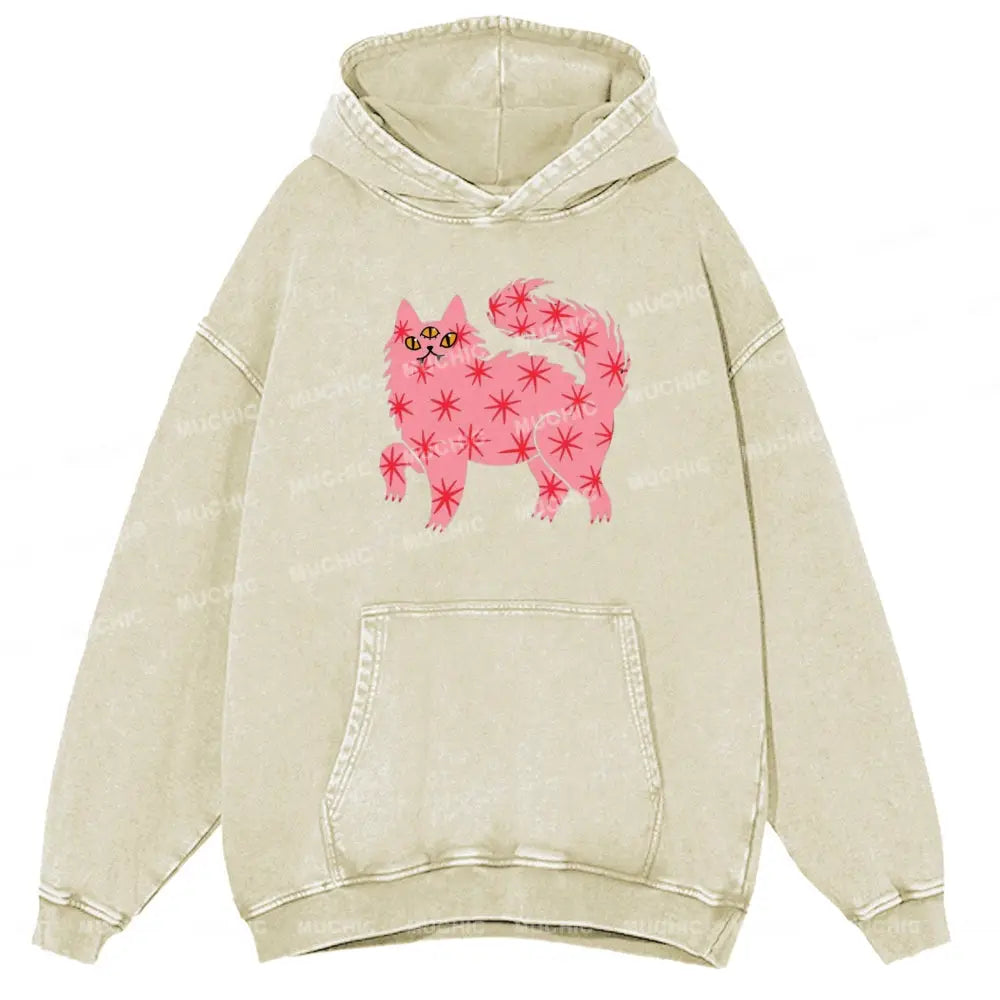 The Pink Cat Unisex Printed Casual Washed Hoodie Sweatshirt Beige / M