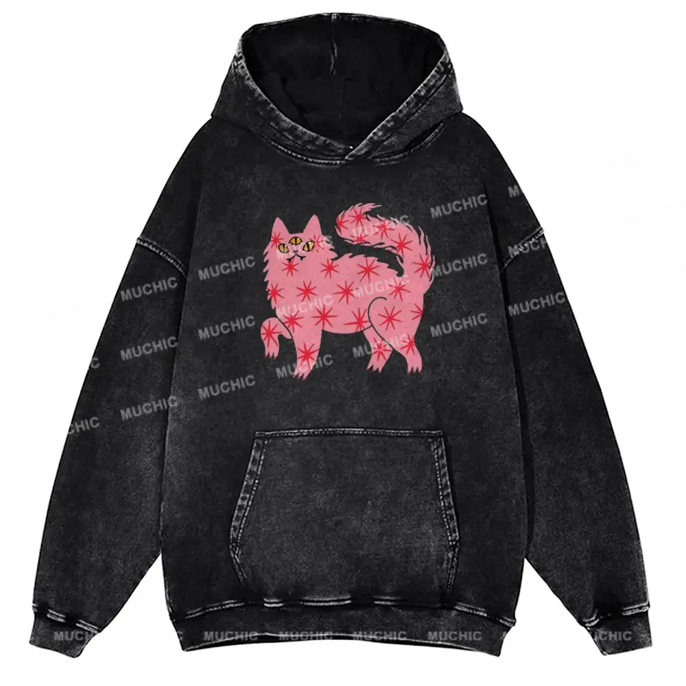 The Pink Cat Unisex Printed Casual Washed Hoodie Sweatshirt Black / M