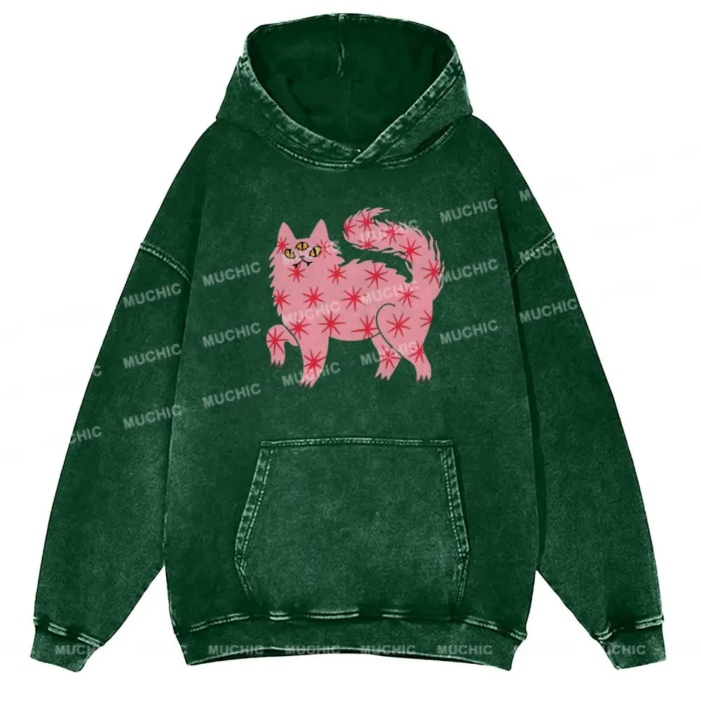 The Pink Cat Unisex Printed Casual Washed Hoodie Sweatshirt Green / M