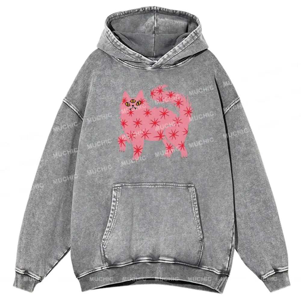 The Pink Cat Unisex Printed Casual Washed Hoodie Sweatshirt Grey / M