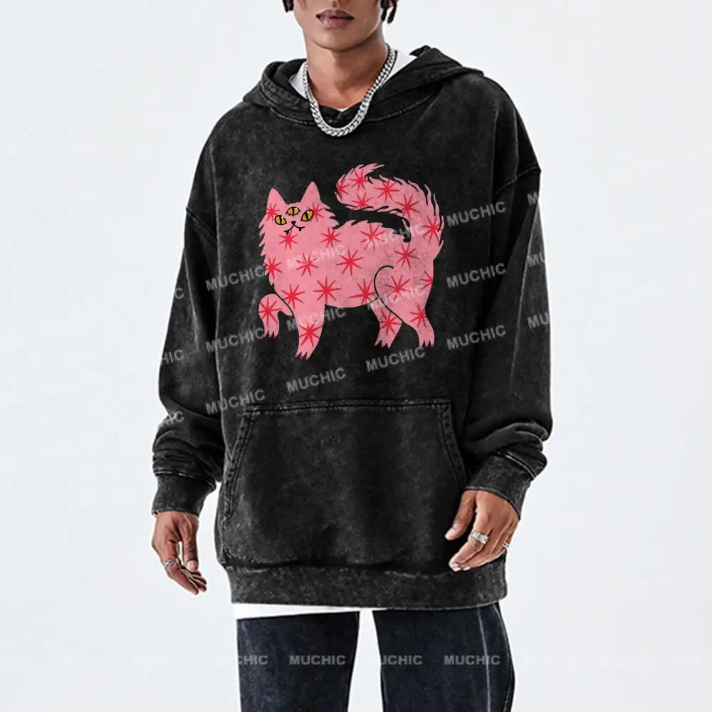 The Pink Cat Unisex Printed Casual Washed Hoodie Sweatshirt