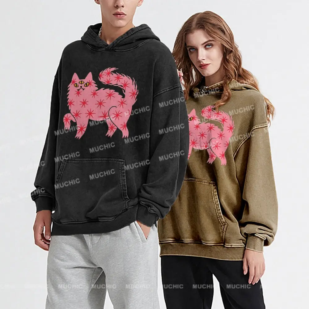 The Pink Cat Unisex Printed Casual Washed Hoodie Sweatshirt