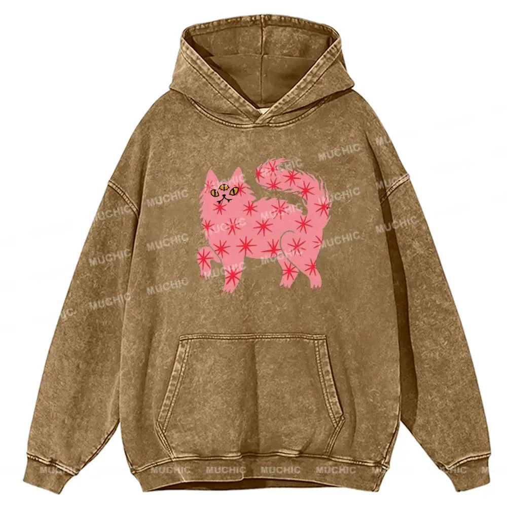 The Pink Cat Unisex Printed Casual Washed Hoodie Sweatshirt Khaki / M