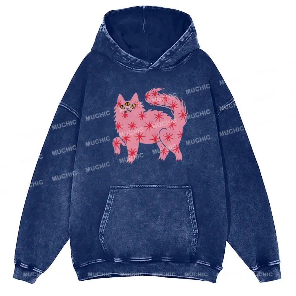 The Pink Cat Unisex Printed Casual Washed Hoodie Sweatshirt Navy / M