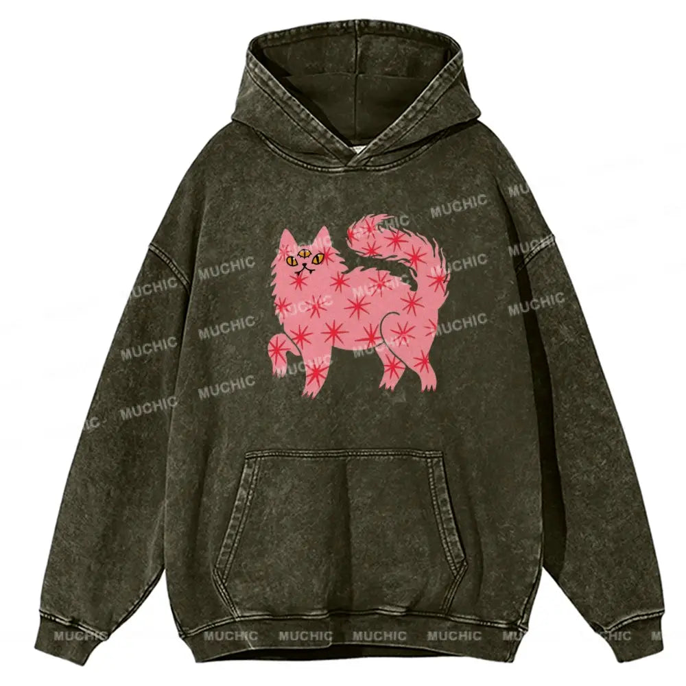 The Pink Cat Unisex Printed Casual Washed Hoodie Sweatshirt Olive / M