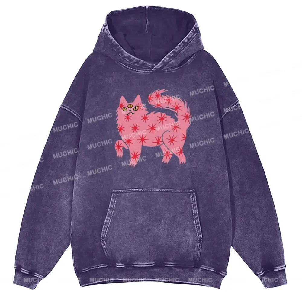 The Pink Cat Unisex Printed Casual Washed Hoodie Sweatshirt Purple / M