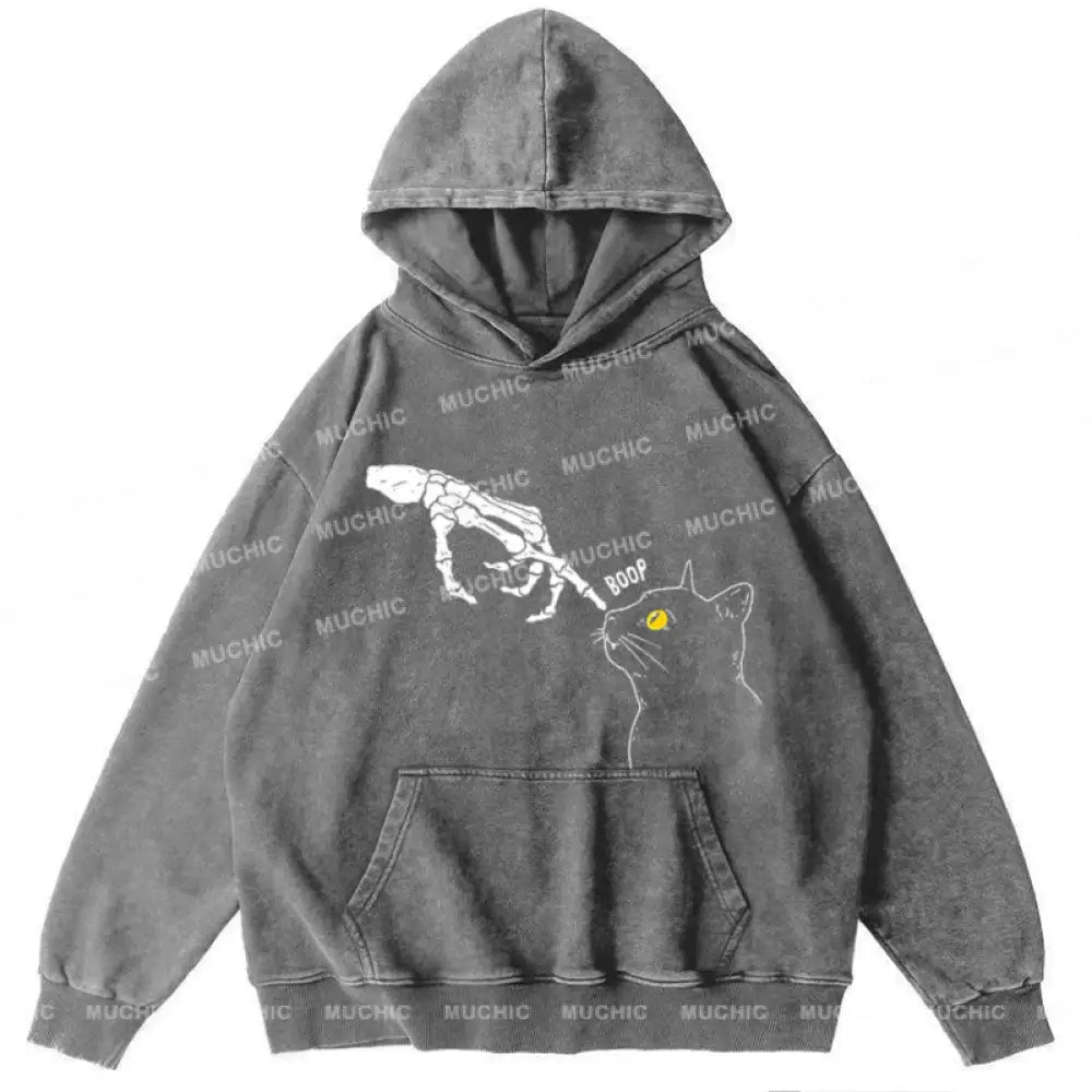 The Skull Cat Unisex Printed Casual Washed Hoodie Sweatshirt Grey / M