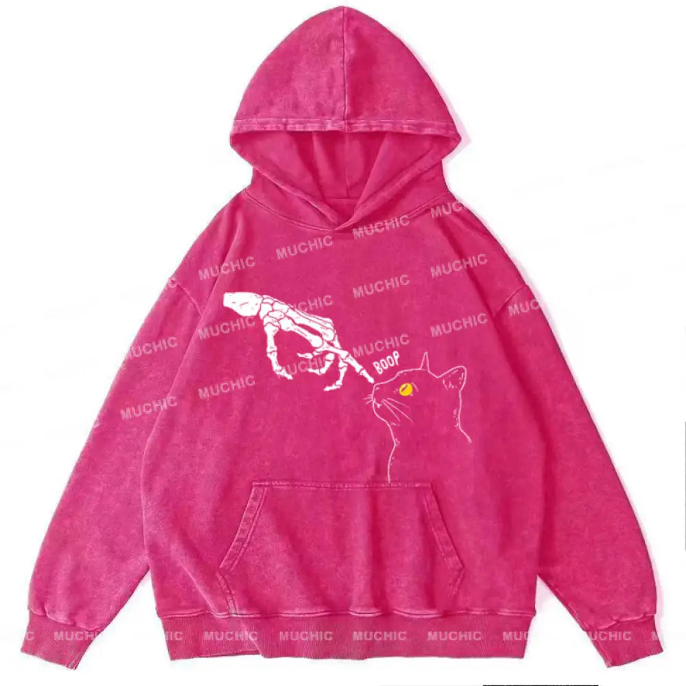 The Skull Cat Unisex Printed Casual Washed Hoodie Sweatshirt Hotpink / M