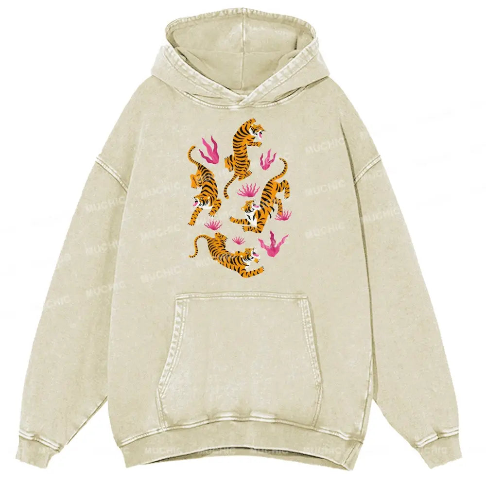 Tiger And Flowers Unisex Printed Casual Washed Hoodie Sweatshirt Beige / M