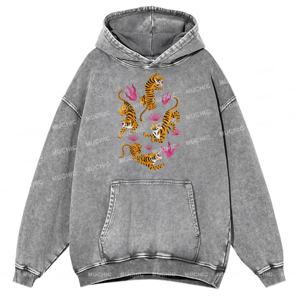 Tiger And Flowers Unisex Printed Casual Washed Hoodie Sweatshirt Grey / M