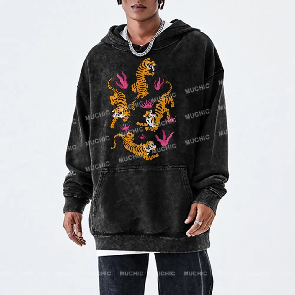 Tiger And Flowers Unisex Printed Casual Washed Hoodie Sweatshirt