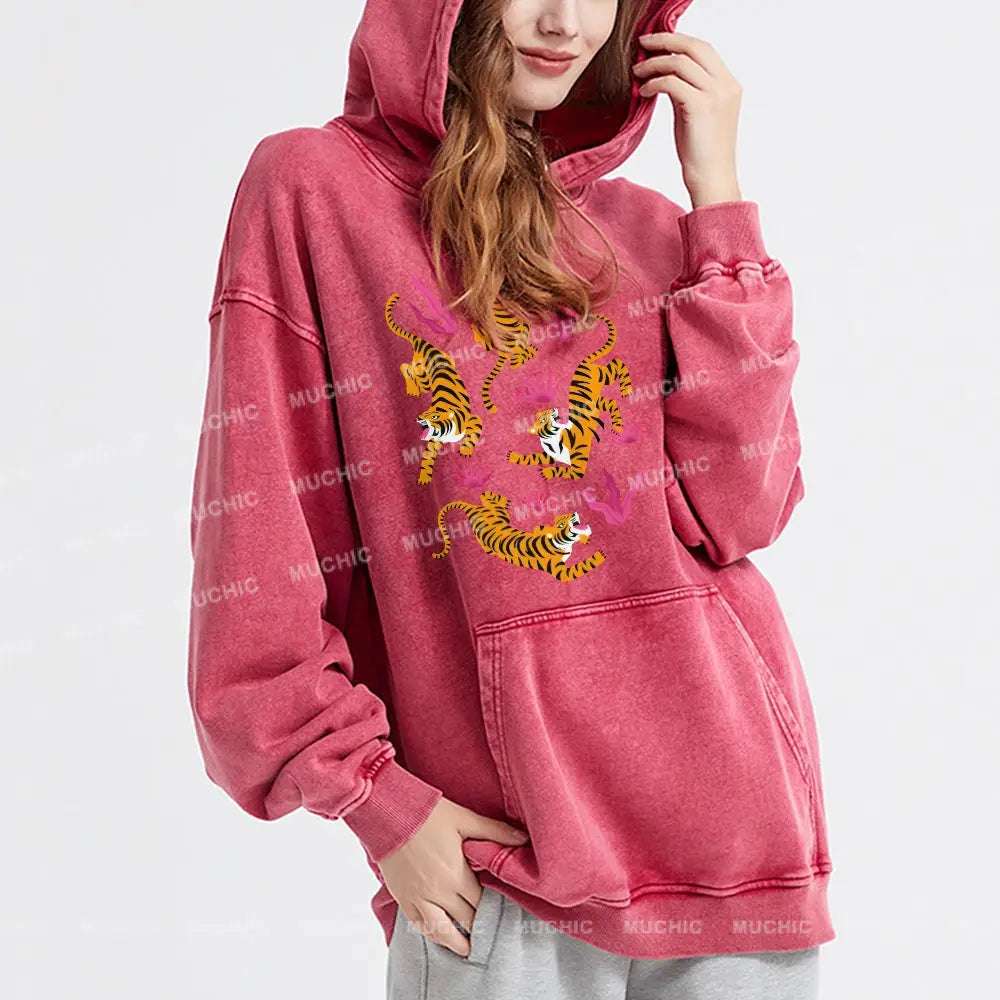 Tiger And Flowers Unisex Printed Casual Washed Hoodie Sweatshirt