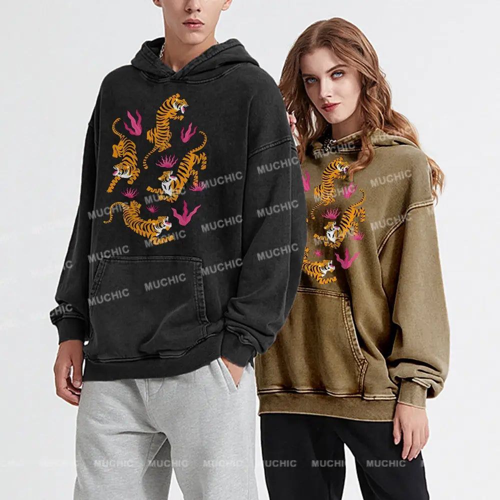 Tiger And Flowers Unisex Printed Casual Washed Hoodie Sweatshirt