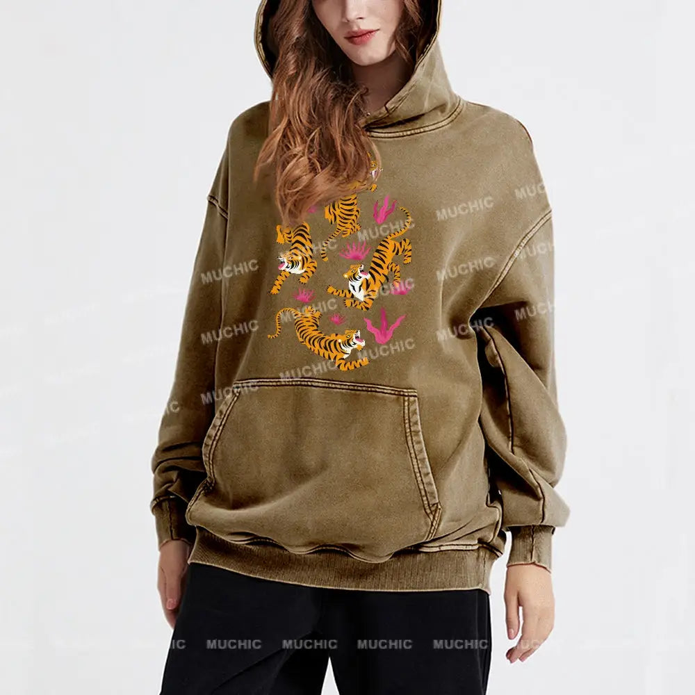 Tiger And Flowers Unisex Printed Casual Washed Hoodie Sweatshirt