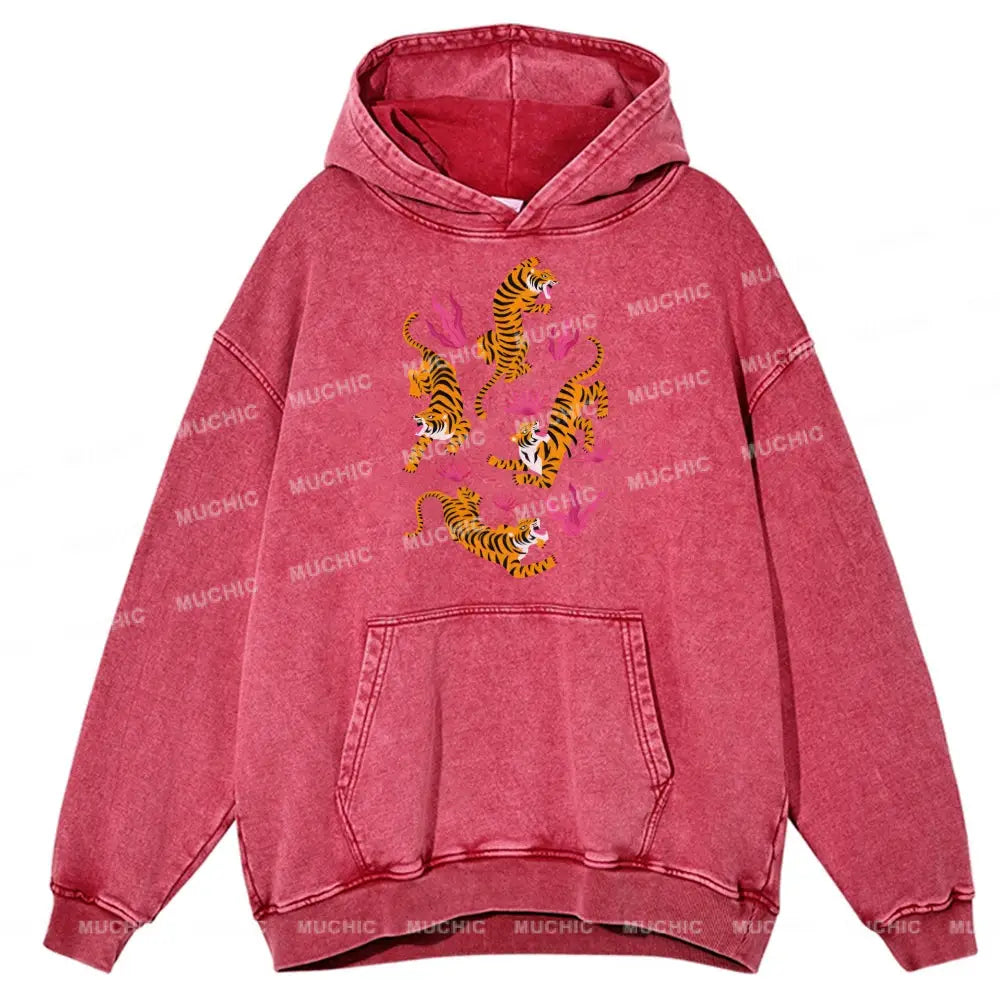 Tiger And Flowers Unisex Printed Casual Washed Hoodie Sweatshirt Hotpink / M