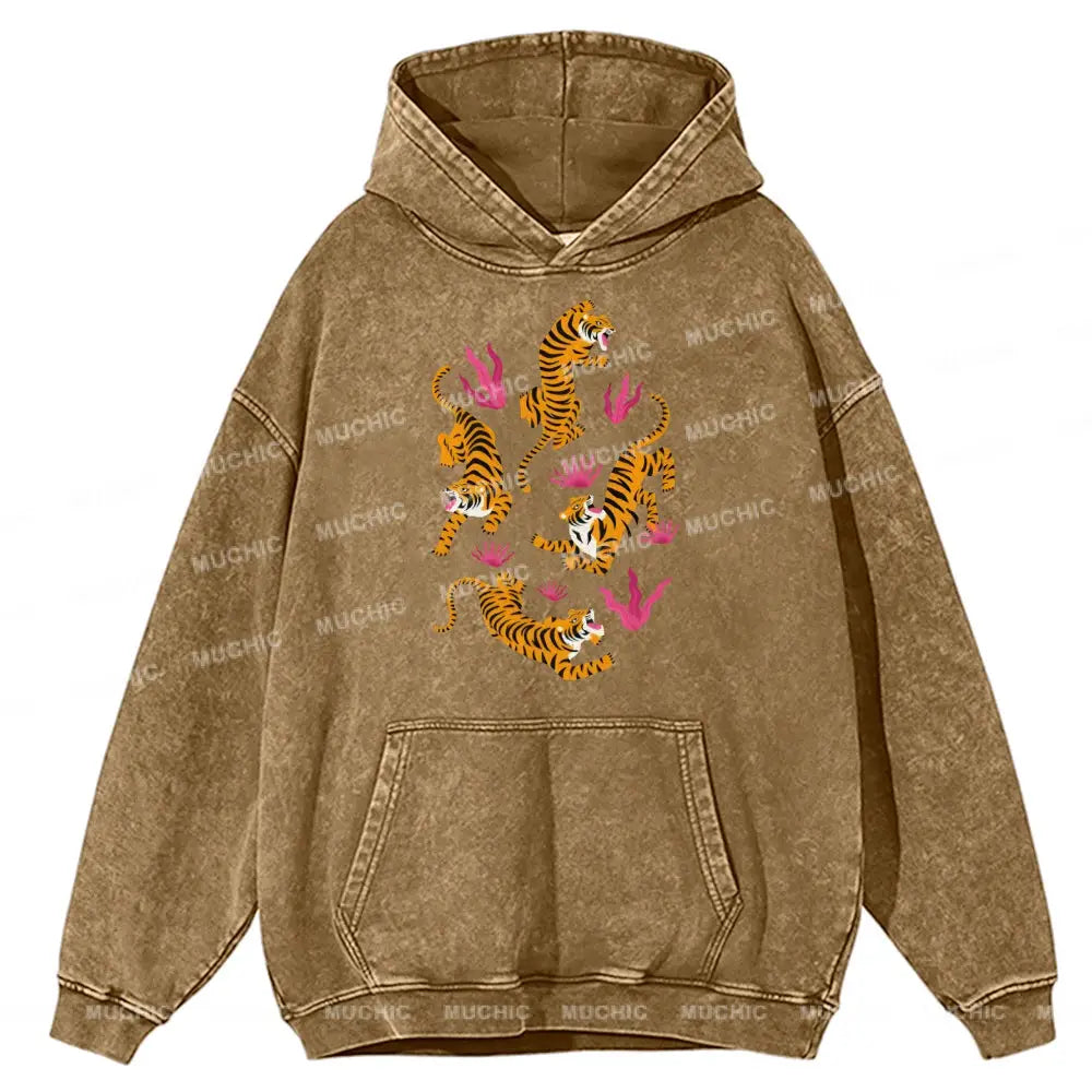 Tiger And Flowers Unisex Printed Casual Washed Hoodie Sweatshirt Khaki / M