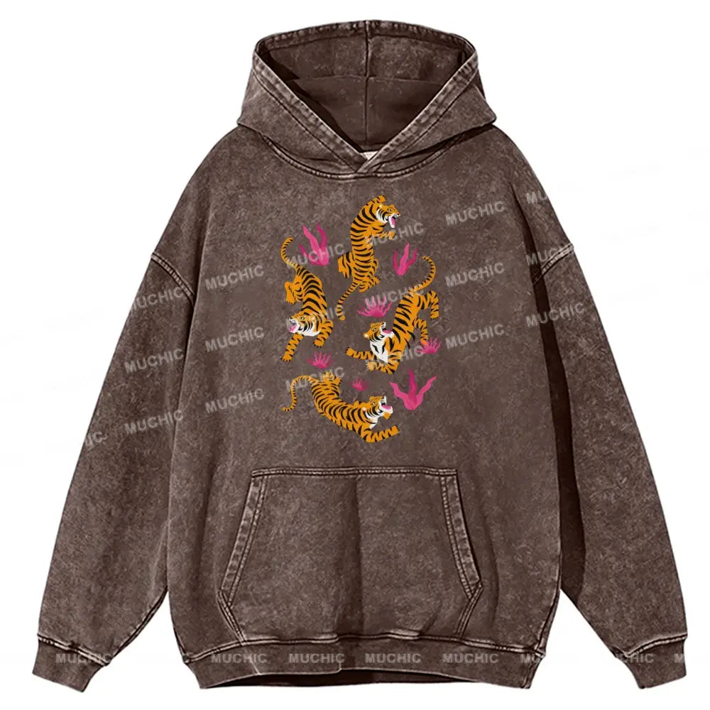 Tiger And Flowers Unisex Printed Casual Washed Hoodie Sweatshirt Peru / M