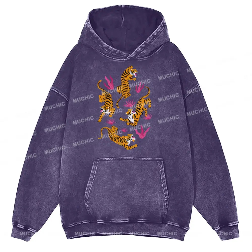 Tiger And Flowers Unisex Printed Casual Washed Hoodie Sweatshirt Purple / M