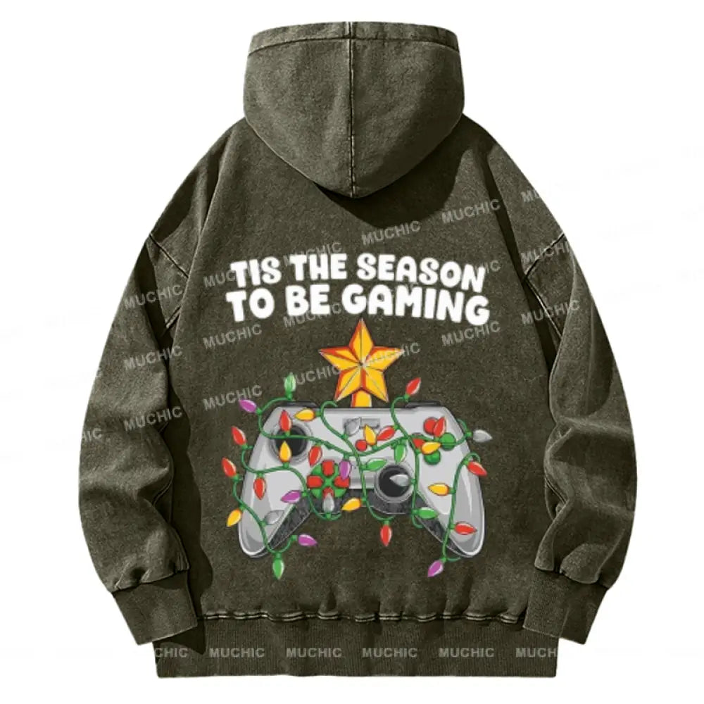 Muchic To Be Gaming Back Printed Unisex Casual Washed Plush Thickening Hoodie Sweatshirt Olive / M