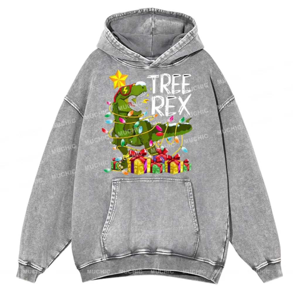 Muchic Tree Rex Unisex Printed Casual Washed Plush Thickening Hoodie Sweatshirt Grey / M