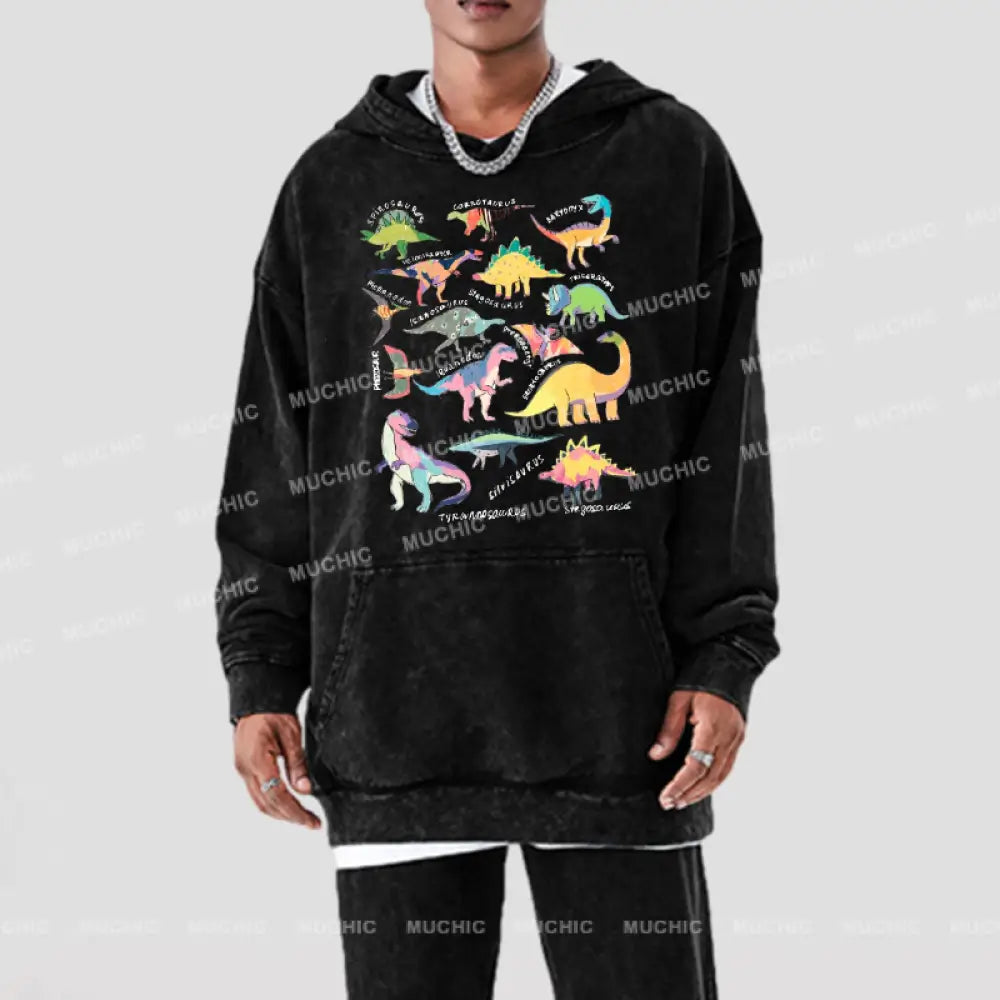 Types Of Dinosaur Unisex Printed Casual Washed Hoodie Sweatshirt