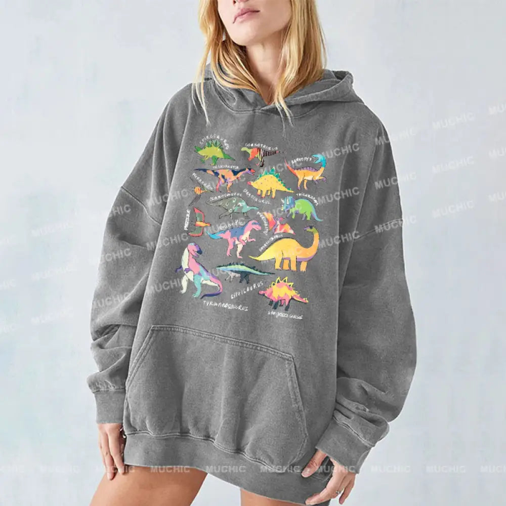 Types Of Dinosaur Unisex Printed Casual Washed Hoodie Sweatshirt