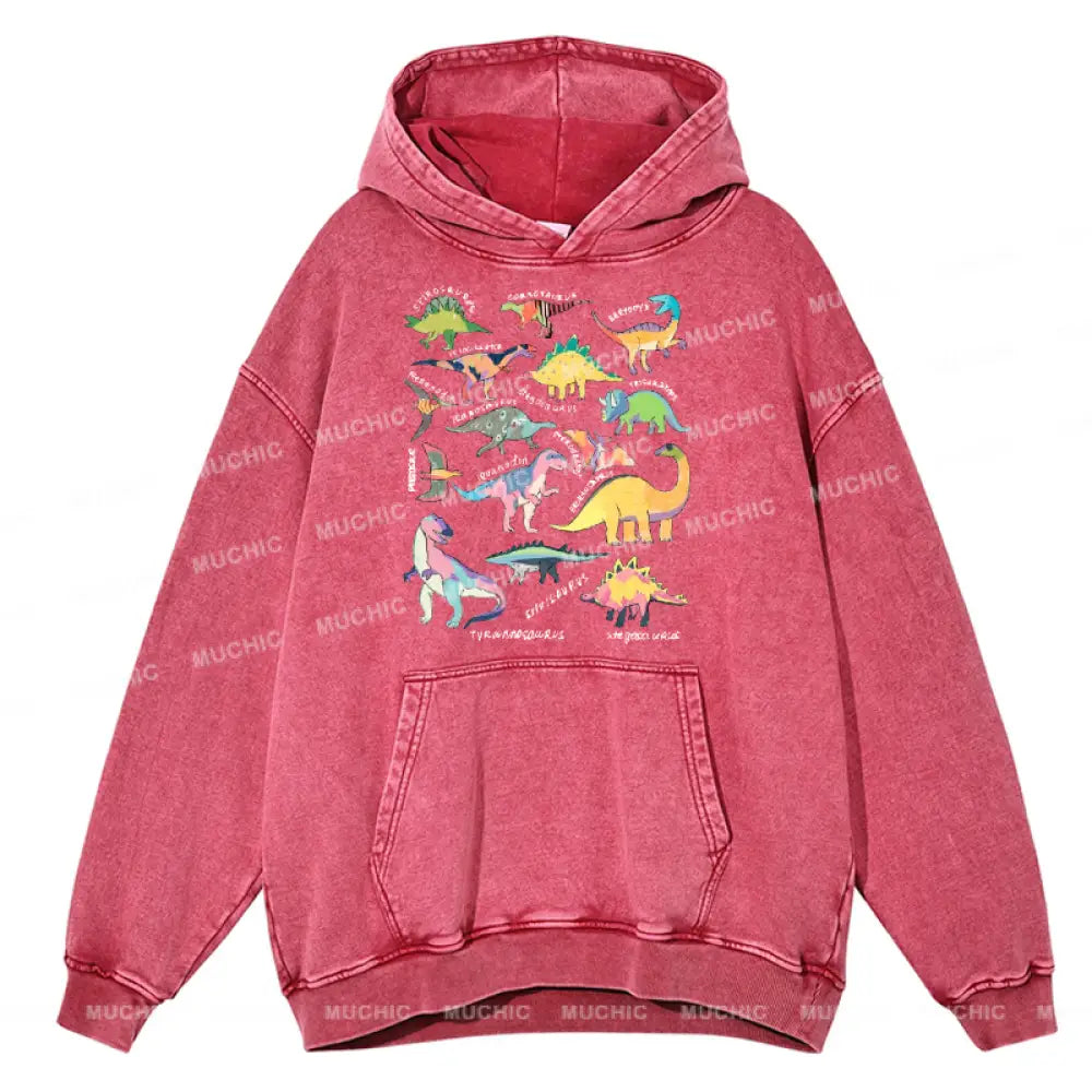 Types Of Dinosaur Unisex Printed Casual Washed Hoodie Sweatshirt Hotpink / M