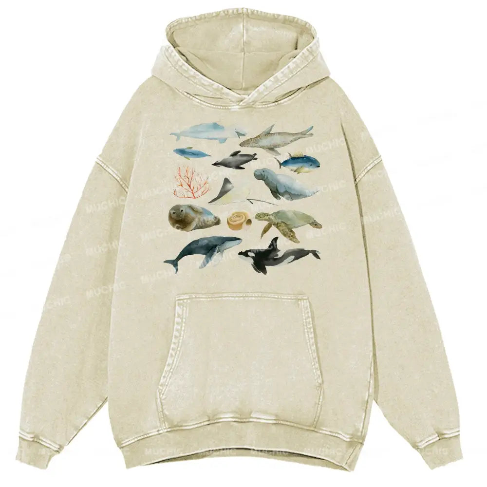 Underwater World Unisex Printed Casual Washed Hoodie Sweatshirt Beige / M