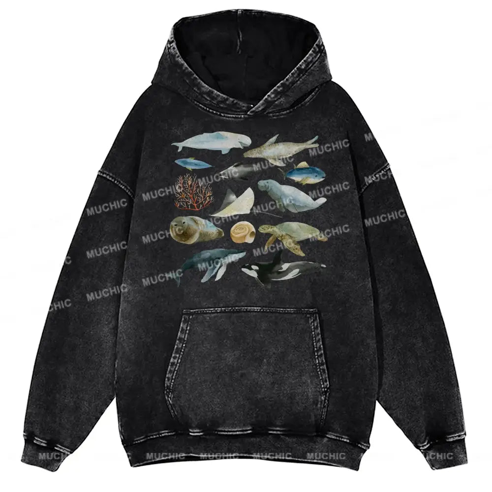 Underwater World Unisex Printed Casual Washed Hoodie Sweatshirt Black / M