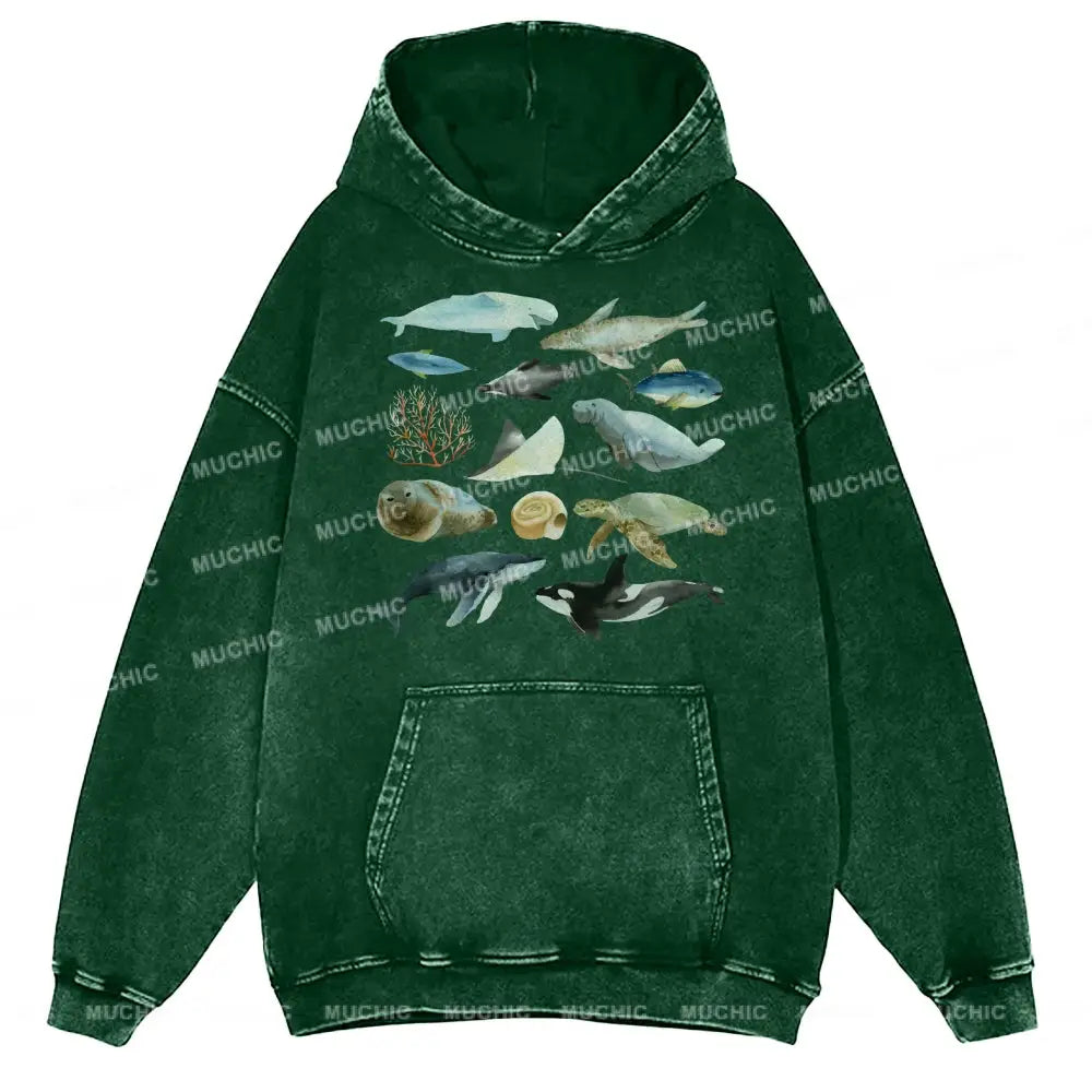 Underwater World Unisex Printed Casual Washed Hoodie Sweatshirt Green / M