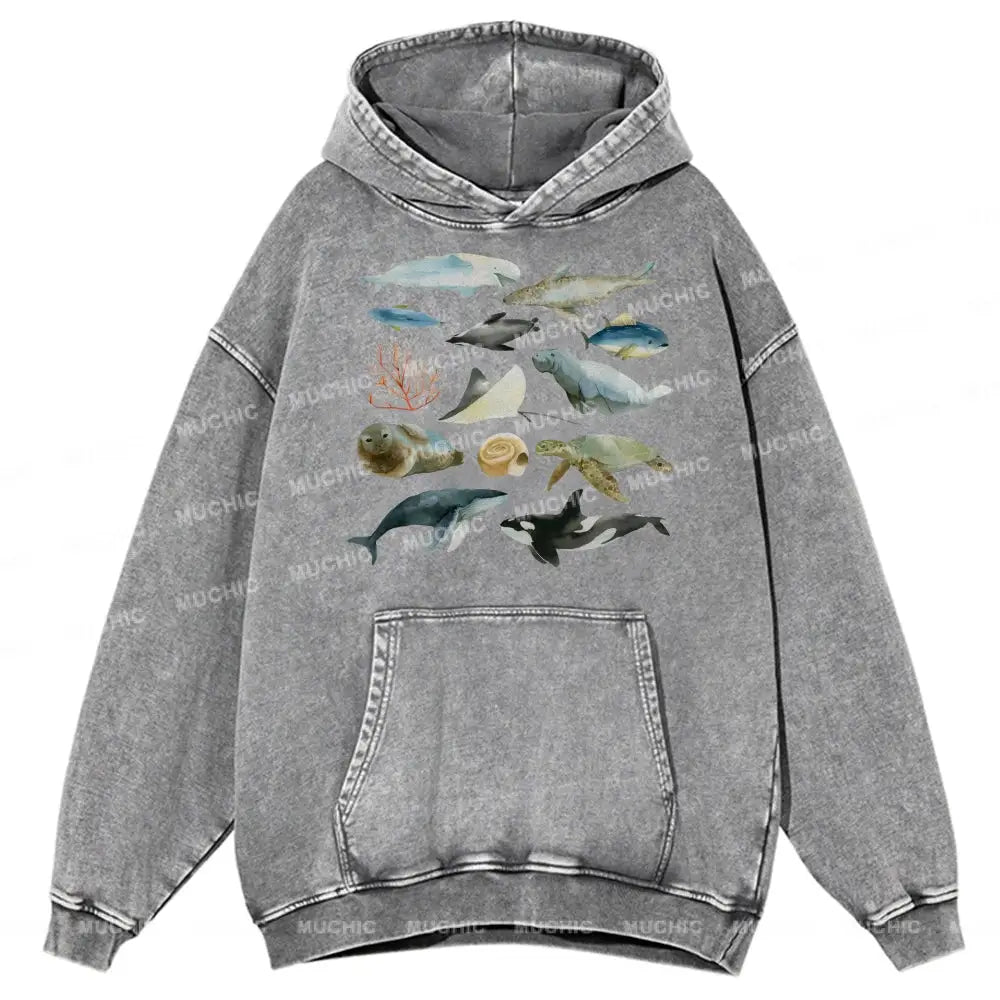 Underwater World Unisex Printed Casual Washed Hoodie Sweatshirt Grey / M