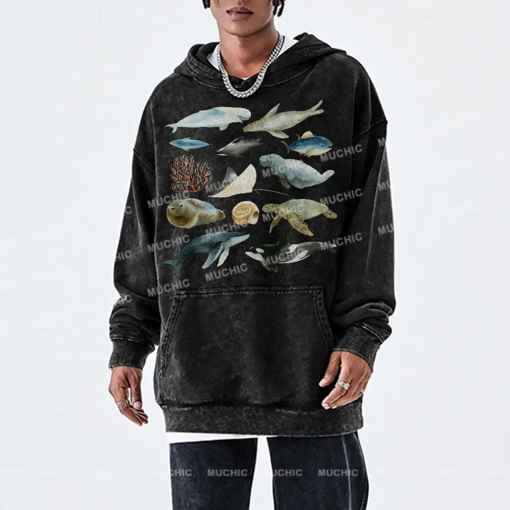 Underwater World Unisex Printed Casual Washed Hoodie Sweatshirt