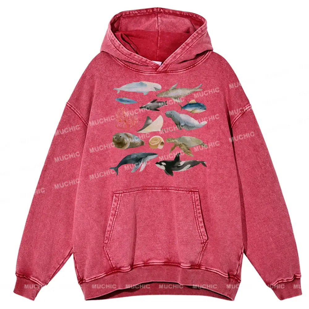 Underwater World Unisex Printed Casual Washed Hoodie Sweatshirt Hotpink / M